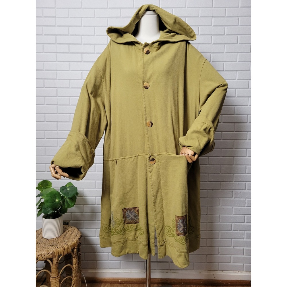 Vtg 90s Blue Fish Hooded Jacket Sz 2 Green Organic Cotton Hand Painted Deadstock